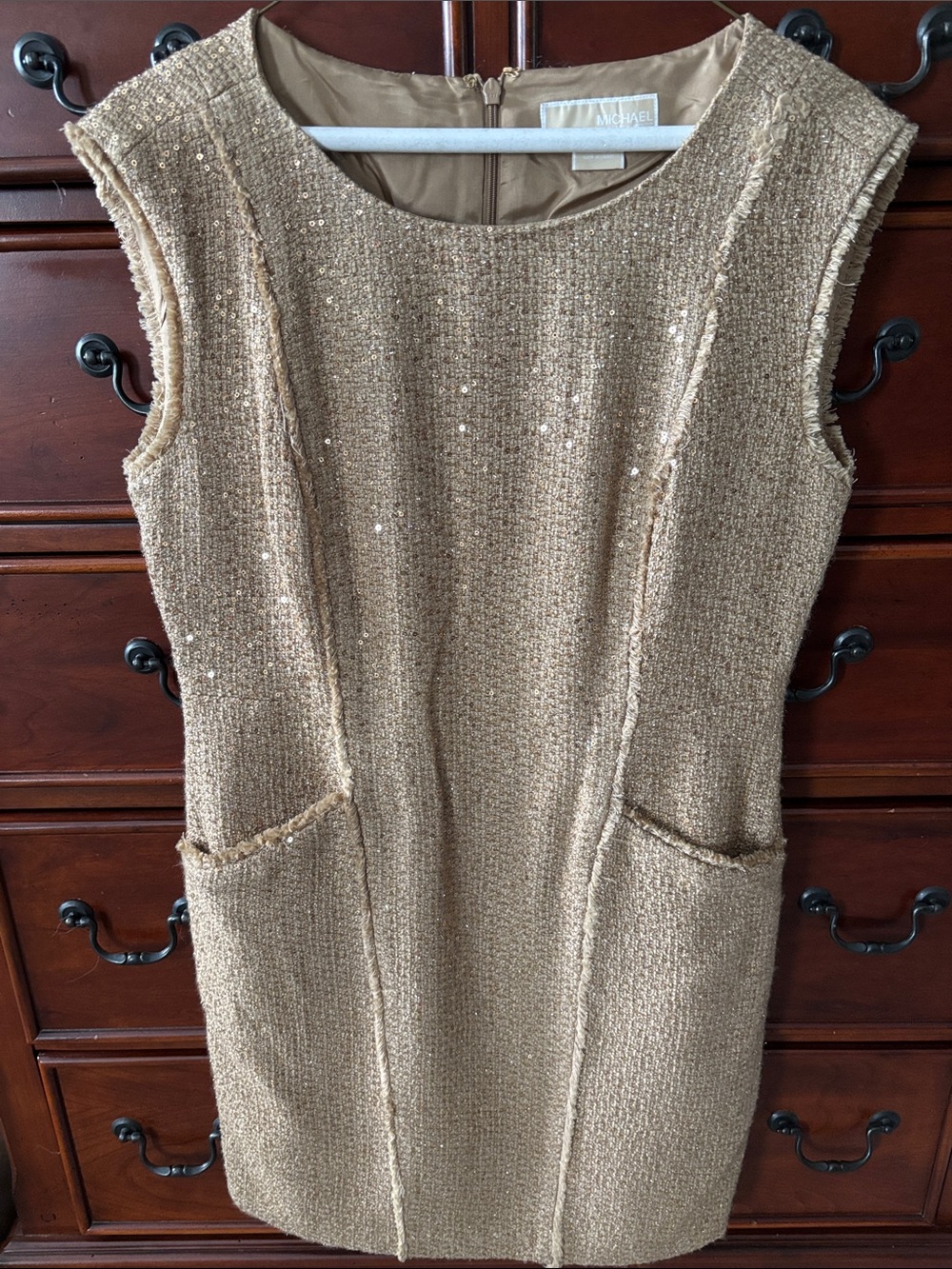 Michael Kors Gold Sequin Tweed Sleeveless Shift Dress